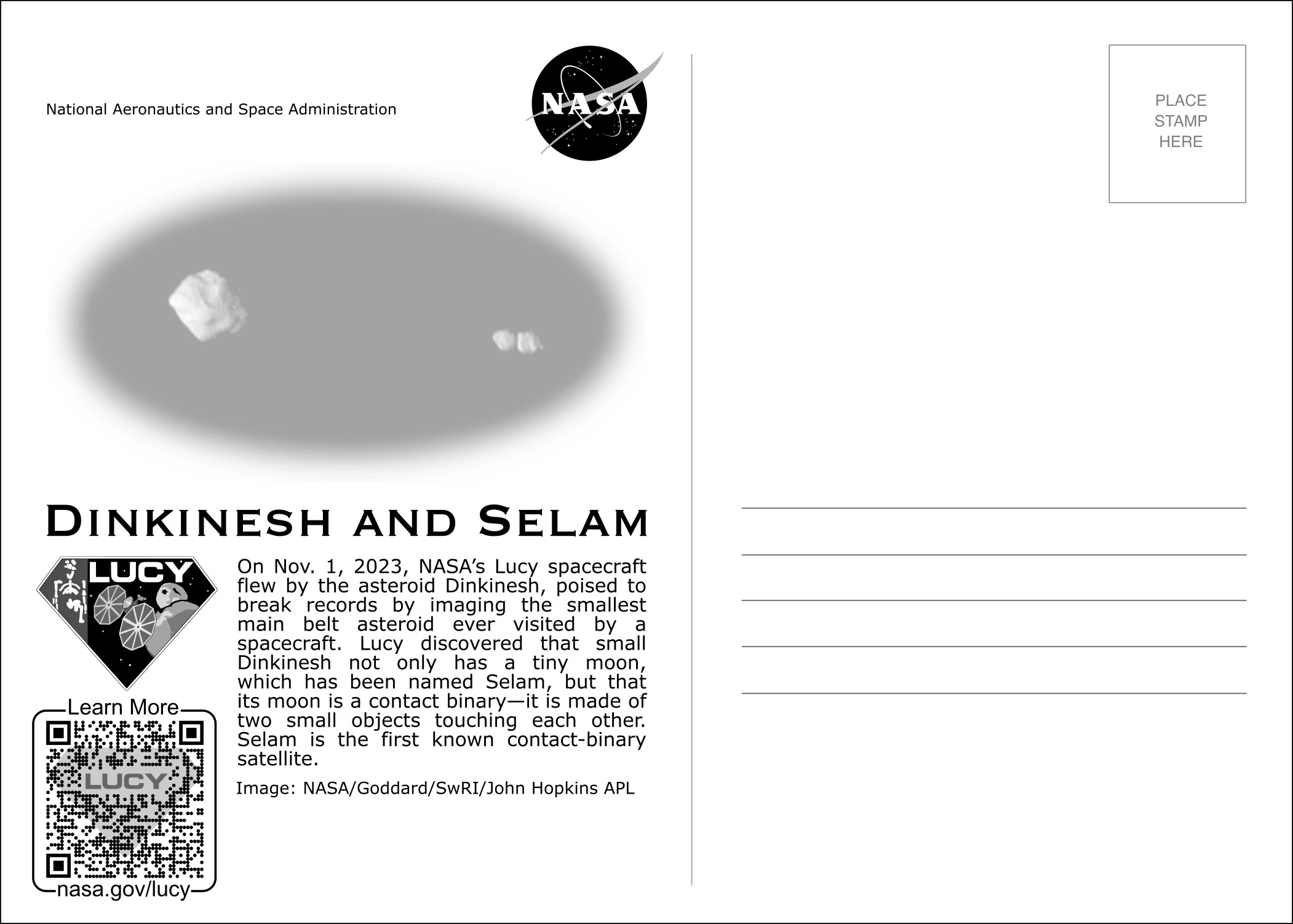 The back of the postcard with an watermark-style image of the asteroid Dinkinesh and its contact-binary satellite, Selam.